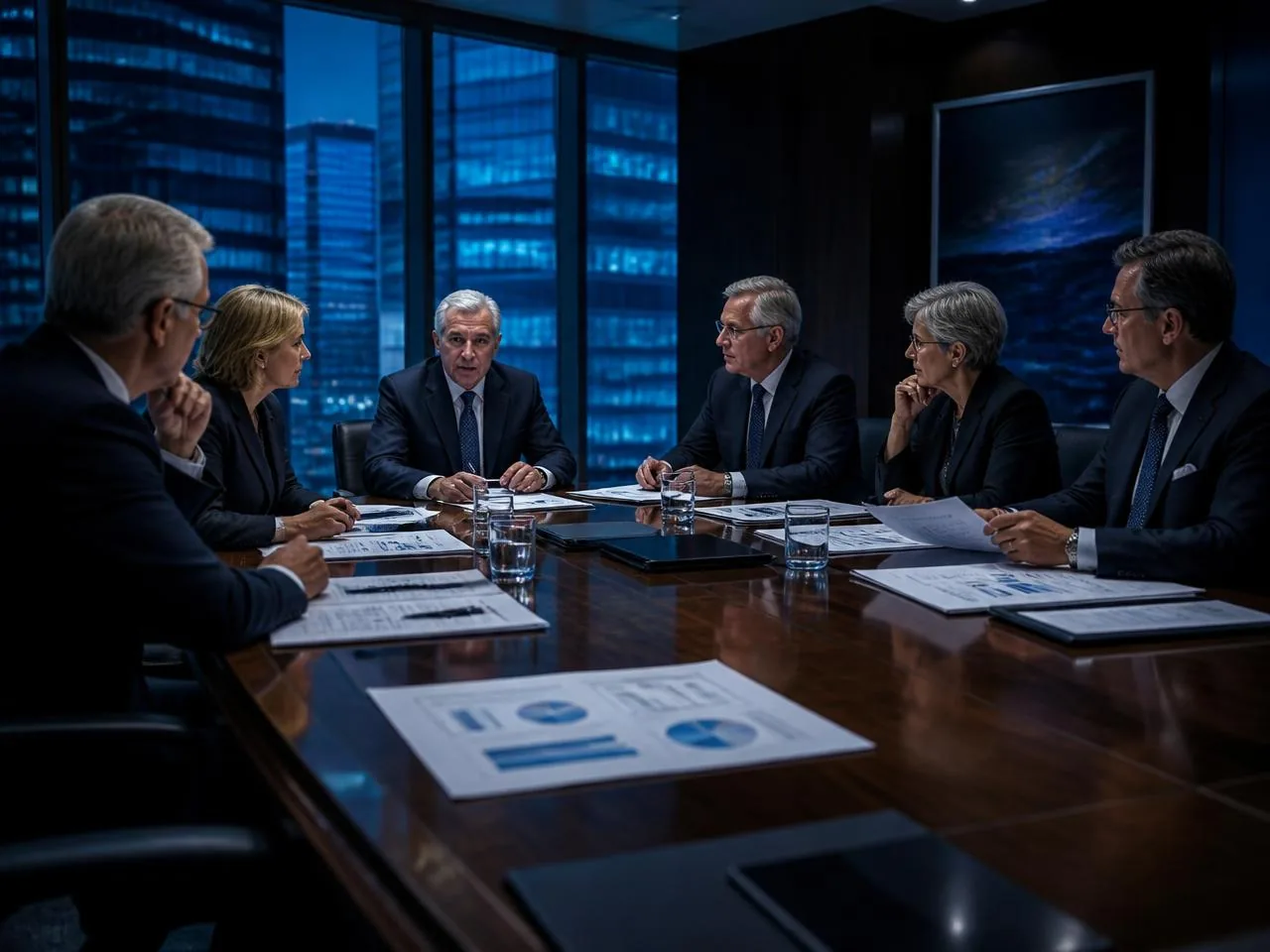 Senior banking advisor presenting a risk governance framework to executives in a boardroom