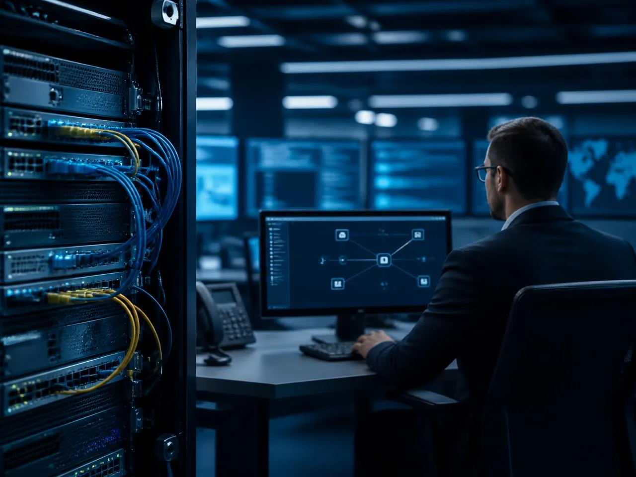 Network operations centre displaying network topology, segmentation and security monitoring
