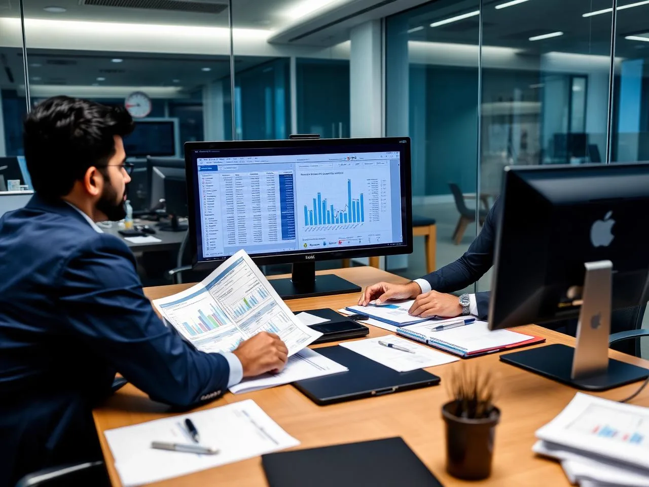 Finance professionals in a Pakistani corporate office reviewing tax schedules and financial reports